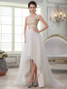 Robe de mariage exquise A-ligne effet encolure coeur en dentelle avec paillettes asymétrique