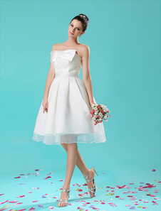 Robe pour mariage A-ligne ivoire en organza et en satin bustier avec noeud