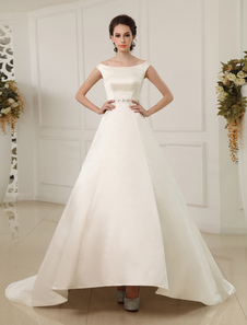 Robe de mariée fabuleuse A-ligne ivoire col bateau en satin avec perles