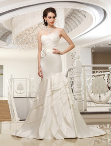 Robe mariée magnifique sirène ivoire bustier en satin avec rhinestones traîne courte