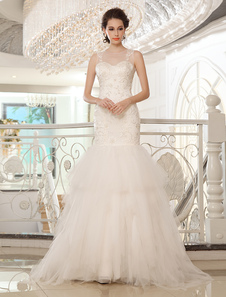 Robe mariée sirène en tulle ivoire avec perles à traîne