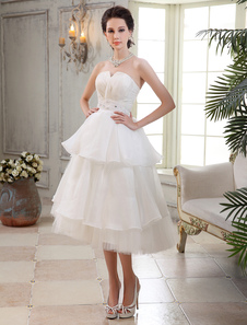 Robe de mariée courte A-ligne ivoire en organza multicouche avec plissement