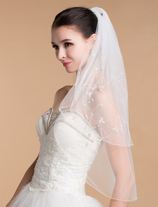 Voile de mariage à coude 2 couches en tulle avec strass