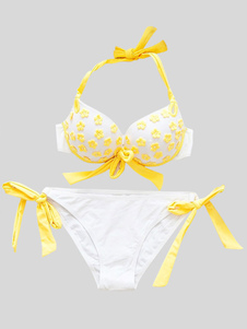 Bikini adorable jaune en Nylon avec Col à licou et décoration florale