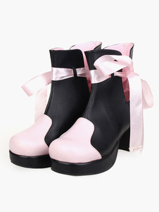 Bottines lolita de ruban noir blanc plateforme à talon