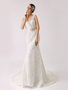 Robe de mariage sirène ivoire avec dentelle à col V