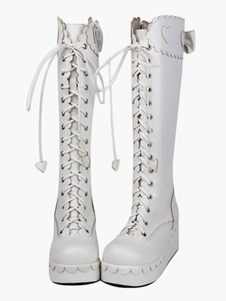 Bottes Lolita fabuleuses talon plateforme en PU rose de cœur avec bande et nœud de papillon