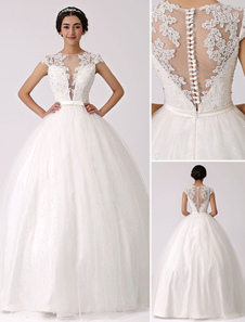 Robe de mariée ivoire en dentelle à cou translucide longueur plancher