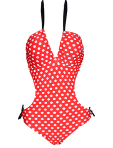 Attrayant maillot de bain 1 piece de plage en lycra spandex rouge à pois