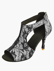 Attrayantes chaussures de latine peep-toe en dentelle noir et rouge imprimé floral