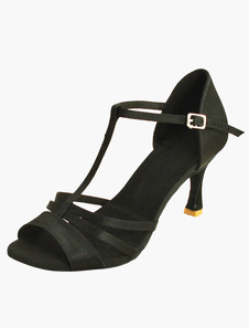 Pratiques chaussures de danse latine en satin noir et rouge
