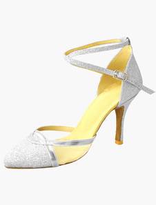 Chaussures de latine en tissu de paillettes à talon évasé et bout pointu
