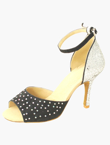 Chaussures de latine en satin argent bicolore avec strass