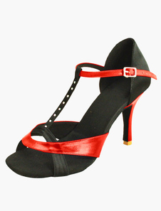 Chaussures de danse latine en satin noir bicolore à talons aigus et bride T