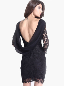 Robe moulante en polyester noir unicolore avec dentelle à dos décolleté