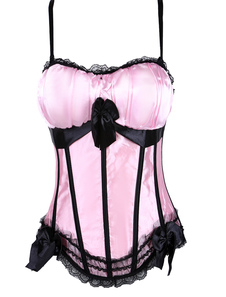 Corset sein couvrant en fausse soie rose avec noeud