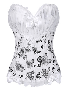 Corset en synthétique blanc plissé imprimé fleuri noir à volants