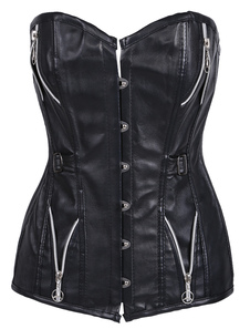 Fabuleux corset féminin sexy en PU noir fendu orné de zips de haute qualité