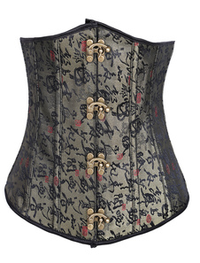 Steampunk corset sein nu céladon brodé imprimé avec cabillot