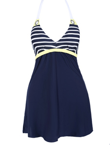 Maillot de bain fascinant 1 piece sexy en polyester bleu marine avec rayures et lacets