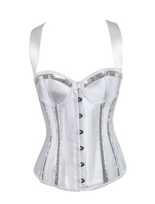Grâce bustier sexy sein couvrant en satin mat blanc avec paillettes