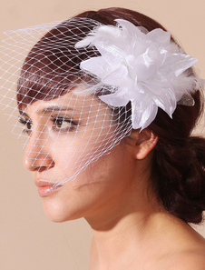Voile à joues en voile de tulle avec fleur et plume