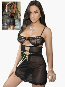 Nuisette noire en polyester creusé à demi-transparence