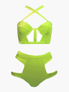 Maillot de bain 2 pièces en lycra spandex vert fluo creusé
