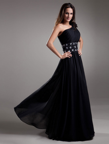 Robe de soirée en chiffon noir avec strass à une épaule