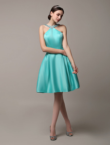 Robe de bal A-ligne en satin vert forêt longueur genou