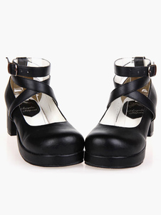 Noir Lolita Square Chunky talons chaussures cheville bretelles Bow 1,8 pouces talon 0,6 pouce plate-