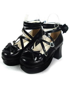 Brillant noir Lolita poney talons chaussures plateforme cheville bretelles arcs bout rond