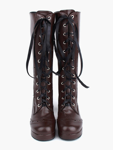 Café brun Lolita bottes talons Chunky lacet conçu