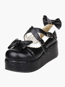 Chaussures Lolita parfaites en PU noires orné de dentelle blanche