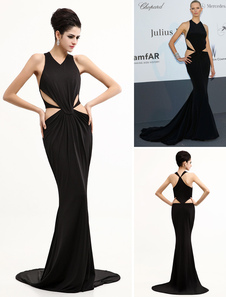 Robe pour Festival de Cannes sirène noire en polyester à licou à traîne courte