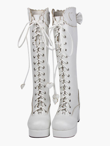 Chaussures Lolita Bottes de luxe plateforme en PU blanches avec bande et nœud de papillon