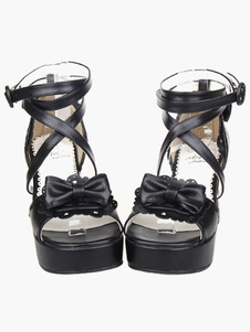 Noir Lolita sandales poney talons plateforme cheville bretelles Bow