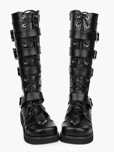 Chaussures Lolita Bottes de mode haut talon compensé plateforme en PU noires avec boucles et sangles