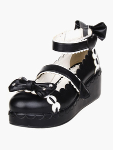 Chaussures lolita noires à talons compensés avec nœud
