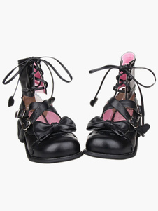 Chaussures lolita noires à talons épais avec lacet