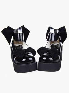 Chaussures lolita chic noires de PU à bout rond et talons compensés