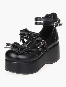 Chaussures Lolita belles roses de PU à bout rond et bretelles