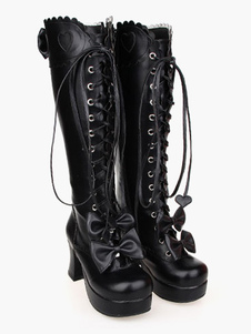 Bottes lolita classiques plateforme en PU noir avec bande et nœud de papillon