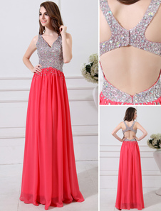 Robe de soirée A-ligne rouge melon avec paillettes à col V