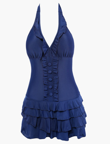 Éblouissante robe maillot de bain sexy en lycra spandex bleu effet décolleté avec plissement