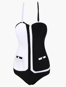 Attrayant maillot de bain 1 piece sexy en polyester noir bicolore