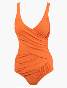 Séduisant maillot de bain 1 pièce exotique en lycra spandex unicolore plissé croisé avant