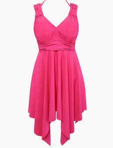 Fabuleuse robe maillot de bain rose unicolore plissée de coupe asymétrique