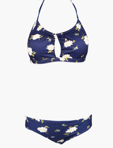 Bikini ensemble rétro en lycra spandex imprimé fleuri à licou