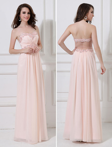 Robe exquise de soirée rose rougissante A-ligne en chiffon avec perles